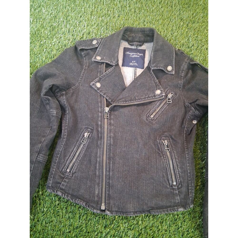 American Eagle Outfitters Women’s Black Jean Moto Style Denim Jacket Size S/P E - Picture 2 of 8